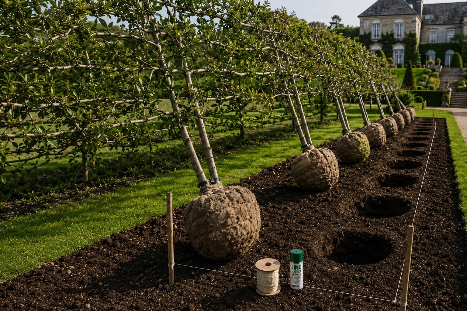 Rootballed pleached trees beside dug planting holes with string line and line-marker spray