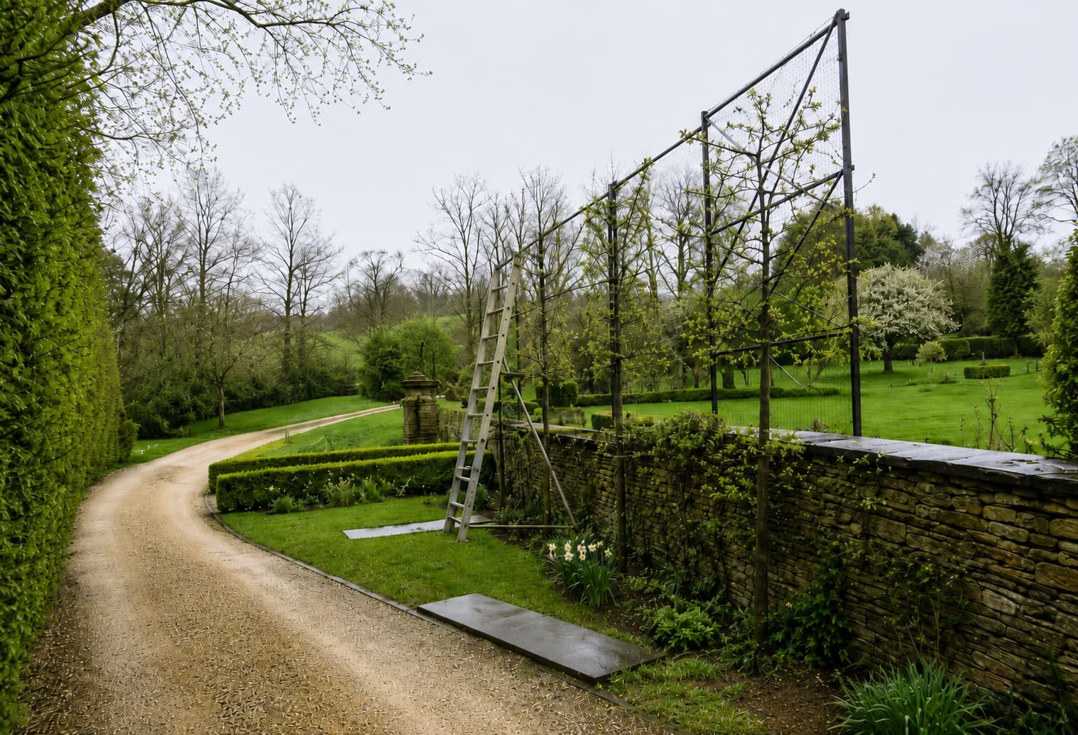Garden scene with pleached trees being planted