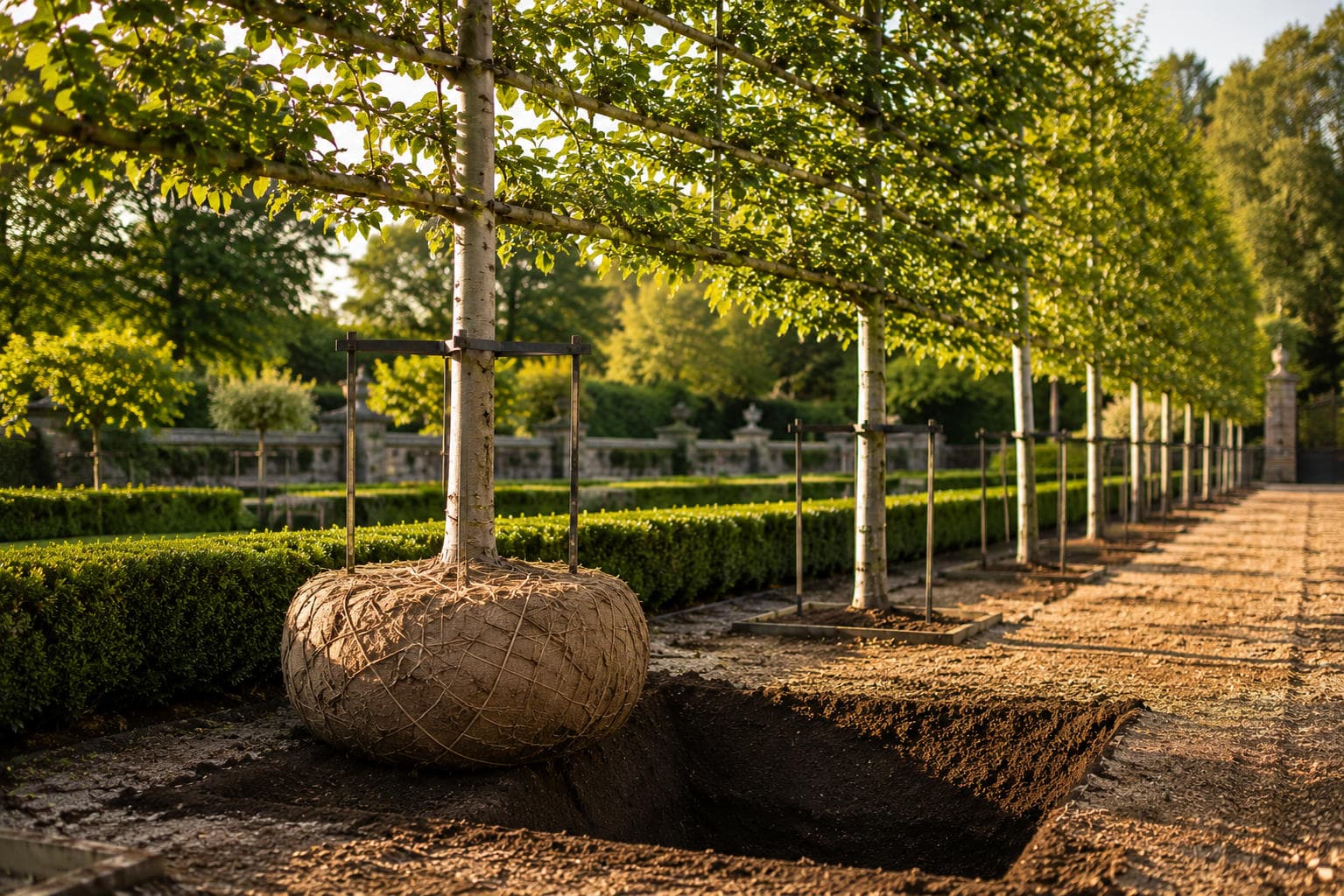 Rootballed pleached tree beside a prepared planting hole